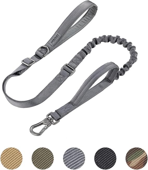 EXCELLENT ELITE SPANKER Tactical Dog Leash Heavy Duty 5-6FT Adjustable No Pull Military Bungee Dog Leash Elastic Leads Rope with 2 Padded Control Handle for Medium Large X-Large Dogs(Gry)