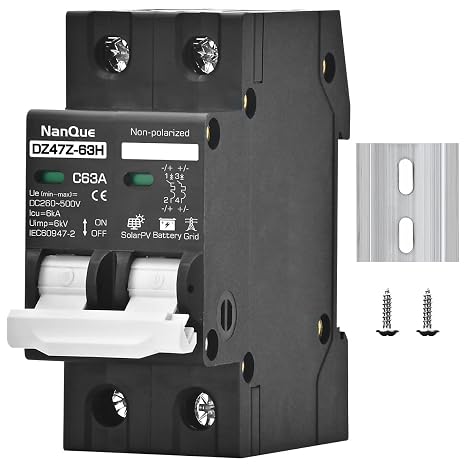 DC260 to 500V Miniature Circuit Breaker Solar Energy Protector Din Rail Mounting DC disconnector 2 Pole Series Parallel Positive Negative Auto Isolation Switch (63A)
