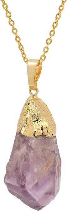 Natural Healing Crystal Purple Amethyst Rough Stone Pendant Necklace, Yellow Gold Tone