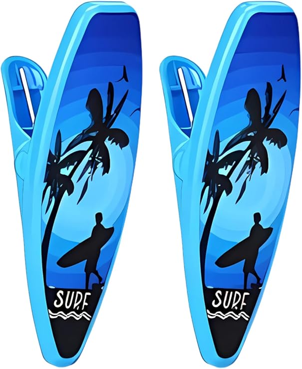 Sörf Temalı Plaj Havlusu Mandal Klipsi, Mavi, Dekoratif Palm Ağacı Desenli, 2'li Set