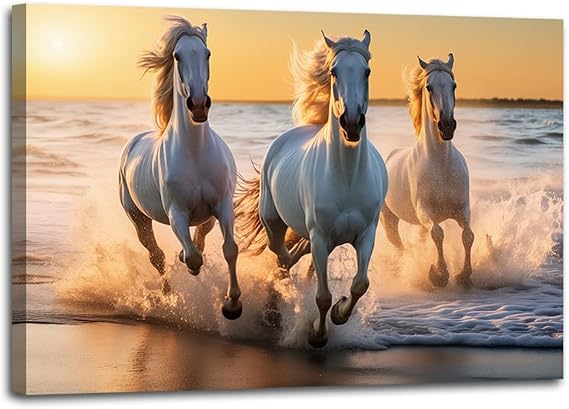 Horse Canvas Wall Art Horse Running in Beach Paintings Country Animal Portrait Picture Prints Bedroom Decor Framed(Horse-2,12x16inch (30x40cm))