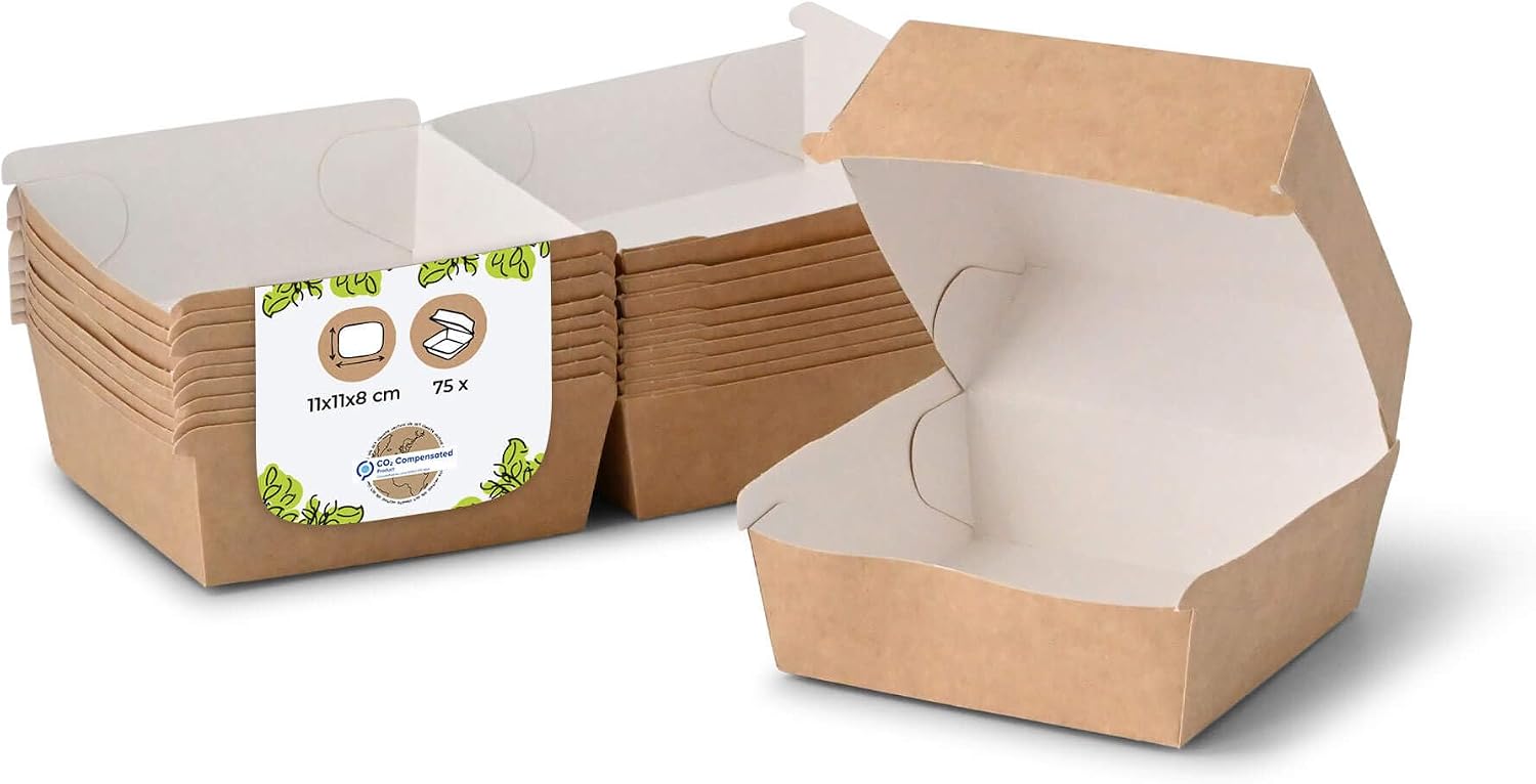 BIOZOYG Take Away Burger Box 75 pieces I Burger boxes with hinged lid I Hamburger box made of fresh fibre carton I To Go Burger packaging fat resistant brown-white 11.5 x 10.5 x 8 cm I recyclable