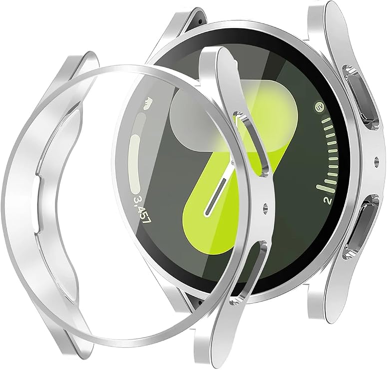 Samsung Galaxy Watch 7 44mm ile Uyumlu Kasa Ve Ekran Koruyucu 360 Tam Koruma Silikon Kılıf (Gümüş)