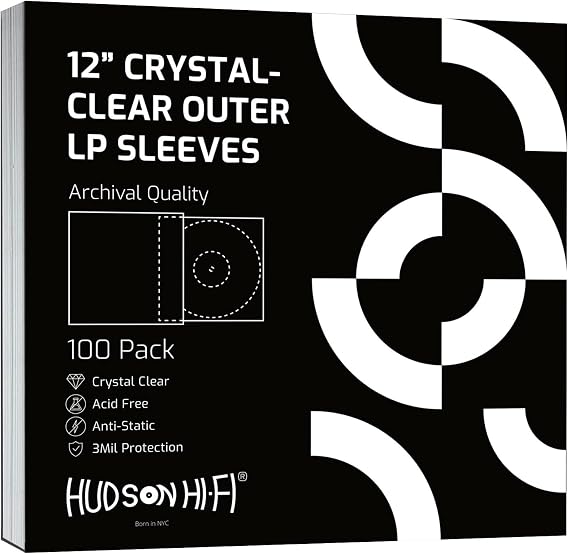 Hudson Hi-Fi Flexible Archival-Grade Vinyl Jacket Outer Sleeves 100 Pack Crystal Clear Polypropylene, Anti-Static & Acid-Free