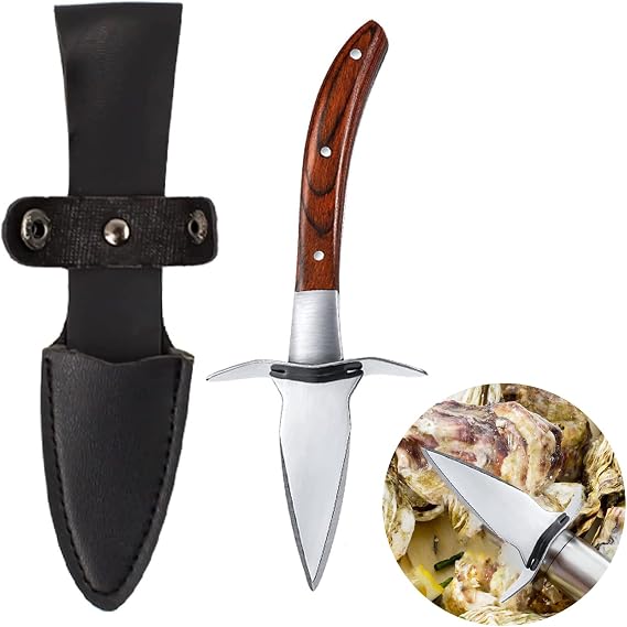 Oyster Opener Tool, Stainless Steel Shell Cutter With Wooden Handle and Leather Case for Clam, Scallop, Shellfish and Seafood