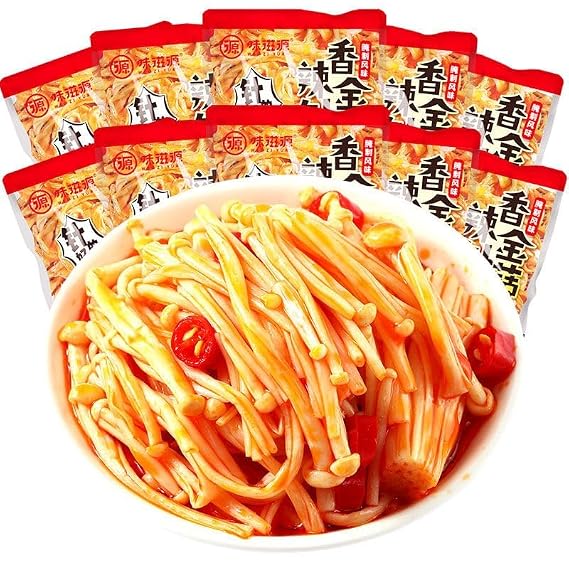 Fresh spicy golden enoki mushroom,Delicious Vegetable Snacks,Mala latiao,Instant snacks,Chinese Special Pickles,Spicy Dishes,red oil enoki mushroom,Snack Foods,Snack Gifts (5 packs)