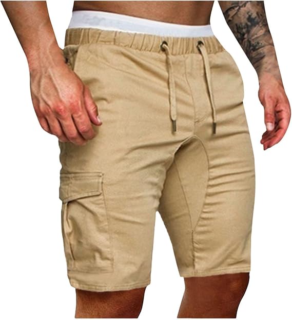 Men Shorts Casual Drawstring Elastic Waist Slim Fit Cargo Shorts Khakis Multi Pockets Tooling Shorts Outdoor