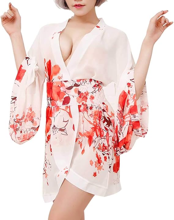 Super Sexy Mini Kimono Dress, Cosplay, Costume, Japanese Style, Floral Pattern, Thin, See-through, Mini Yukata, Lingerie, Kimono, 3-piece Set White Bottom Onionu