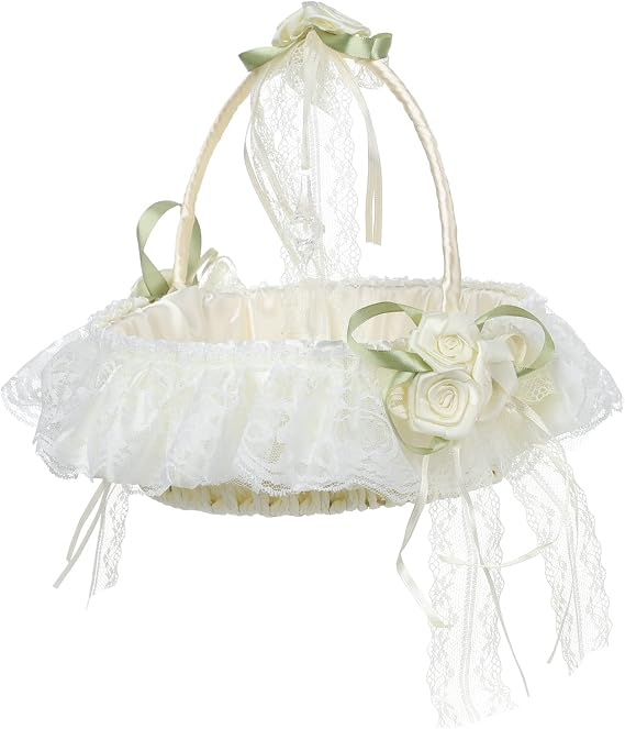 Lvory Large Flower Girl Baskets for Weddings, Fairy Lace Wedding Flower Basket with Foldable Handle and Rhinestone Satin Lace Collection, Decoration and Party Supplies
