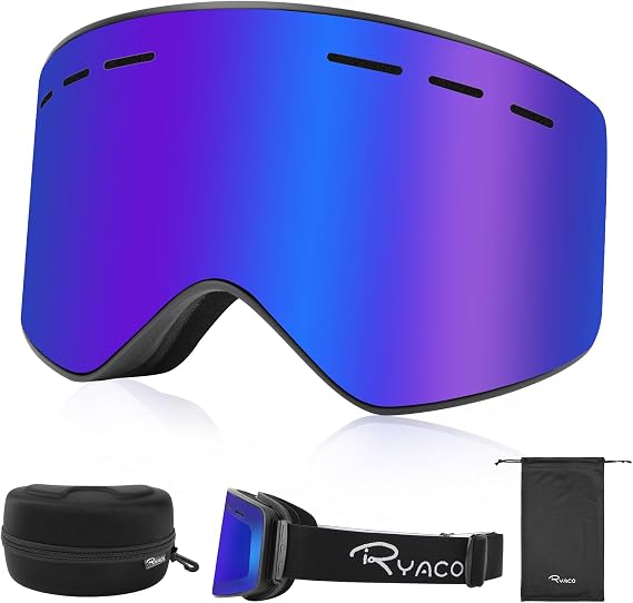 Ryaco Ski Snowboard Goggles, OTG Anti Fog Interchangeable Magnetic Lens, 100% UV Protection, for Men Women Youth Adult