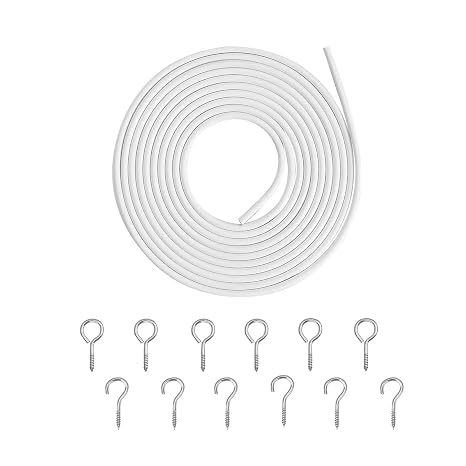 Plastic Coated Window Curtain Wire, Picture Hanging Wire with 12 Pairs of Screw Eyes and Hooks