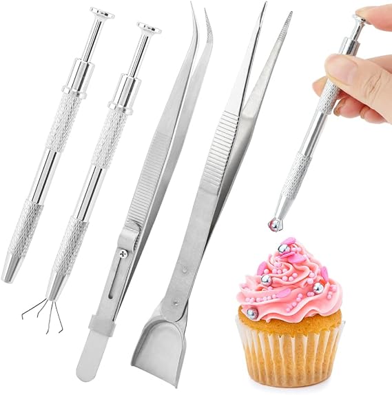 4 Pcs Sprinkles Tools for Cake Decorating,Jeweler Pick Up Sprinkle Stainless Steel Cake Tweezers Pearl Sprinkle Spoon with Shovel Head for Cookie Cupcake Decorating Supplies(COLOR:Silver)