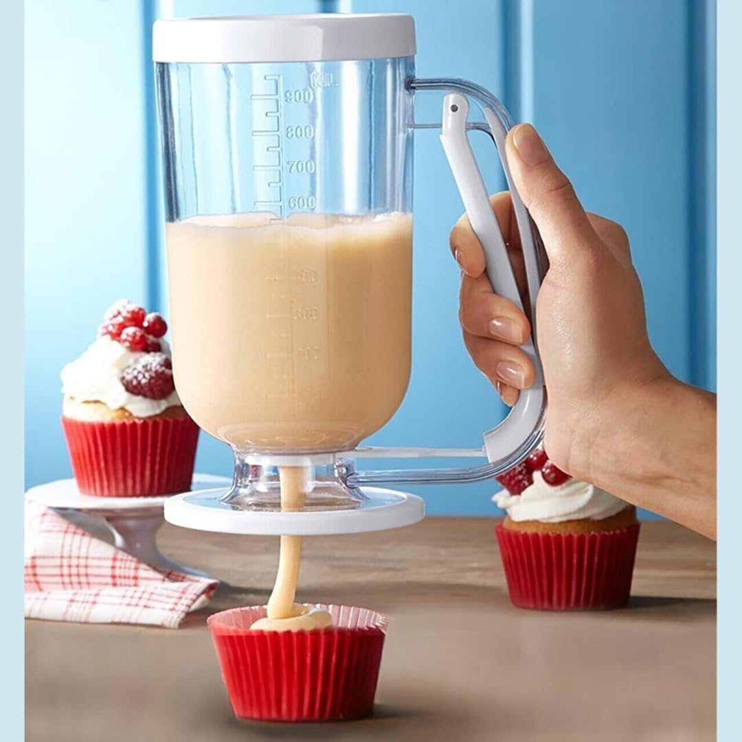 Hamur Porsiyonlayıcı 900ml, Pankek ve Kek Hamuru Dağıtıcı, Damlatmaz Mekanizma, Ölçekli Şeffaf Gövde, Bulaşık Makinesinde Yıkanabilir