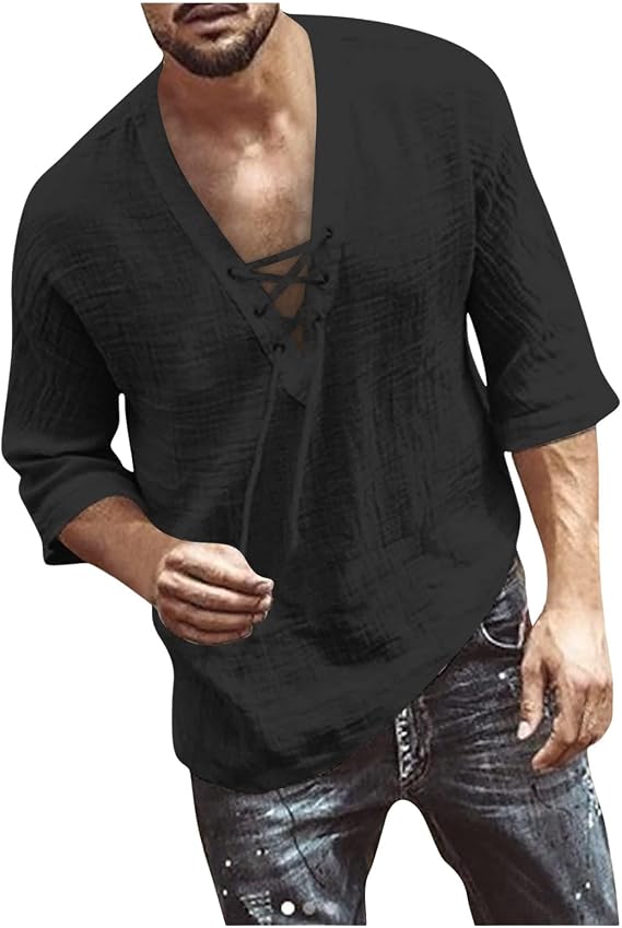 Mens Short Sleeve Beach Top Casual Lace-Up Hippie Beach Tee Shirt V Neck Drawstring for Yoga African and Summer Wear