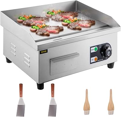 VEVOR Electric Countertop Griddle, 14-Inch, 1500W Grill with Adjustable Temp. Control 122F-572F, Non-Stick Commercial Restaurant Grill, 110V Stainless Steel Flat Top Griddle