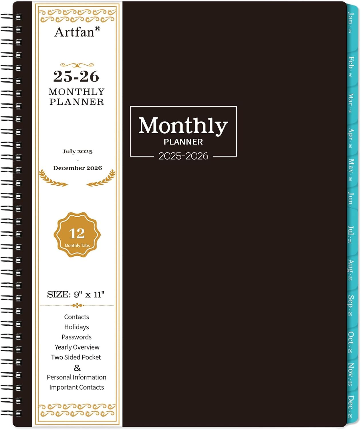 Monthly Planner 2025-2026 - JUL 2025 - DEC 2026,18 Monthly Planner, Contacts and Passwords, Tabs & Pocket 8.5 x 11, Thick Paper, Twin-Wire Binding - Black