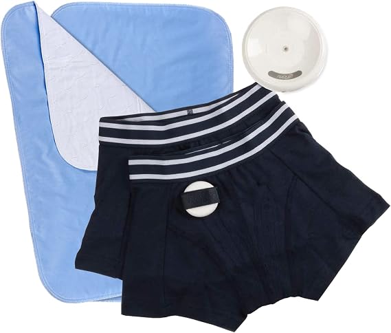 Rodger Wireless Bedwetting Alarm Kit - Bed Wetting System for Kids - Two Moisture Sensing Briefs, Waterproof Bed Pad, Guide Book, Free Mobile App - Child, Navy, Medium