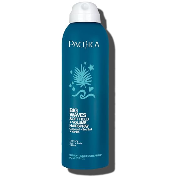 Pacifica Big Waves Coconut, Vanilla & Sea Salt Hairspray Soft Hold Wavy Hair Texture Spray Adds Volume & Controls Frizz, Travel Size Beach Hair Essential for Women Vegan & Cruelty-Free 6oz