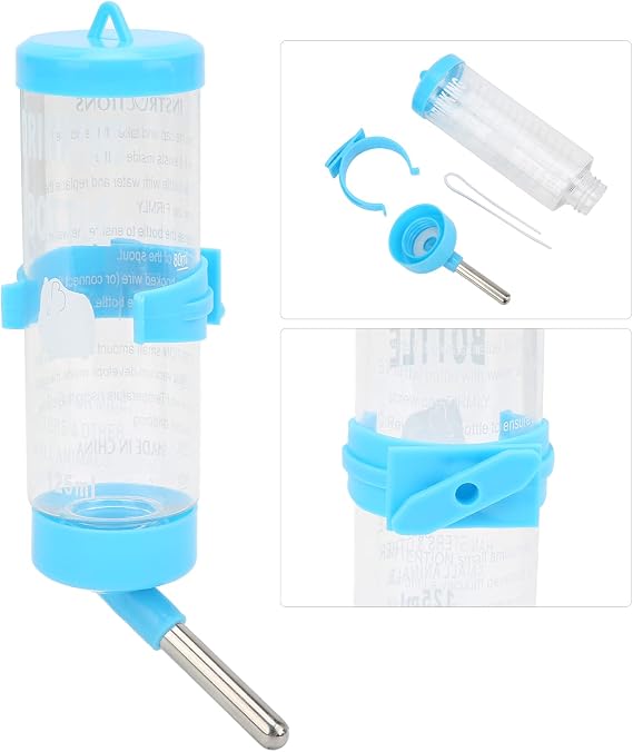 Hamster Water Bottle, Leak Hanging Water Dispenser Feeder for Small Pet Cages BPA Free PP Stainless Steel Spout Blue 125ML 1 Pack