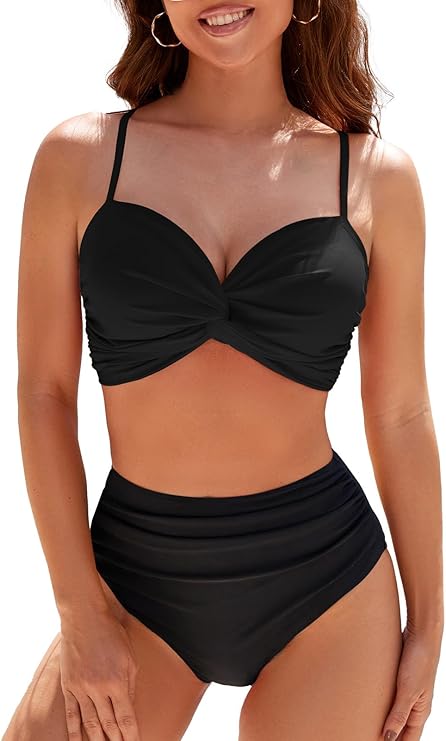 Adigaber Women's Plus Size Bikini Sets Twist Front High Waisted Swimsuits