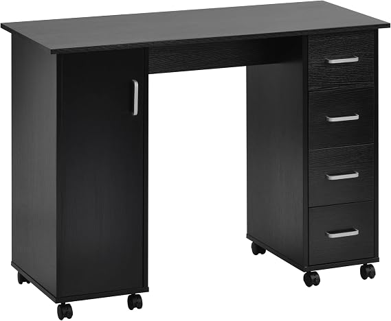Manicure Nail Desk for Technician, Wooden Salon Spa Nail Table Station w/Cabinet, Drawers, Controllable Wheels (Black)
