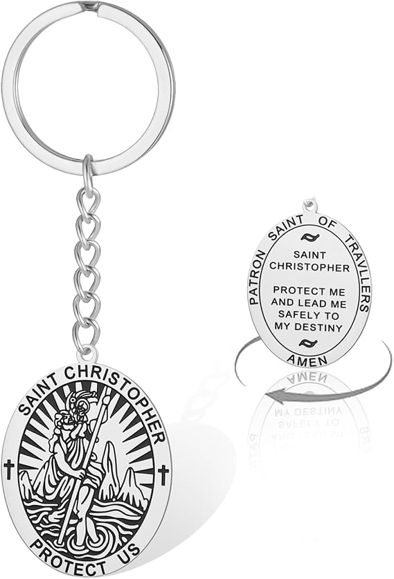 VASSAGO Stainless Steel St Christopher Keychain for Men Women | Saint Christopher Protect Us Medal Keyring Saint of Travelers Prayer Protection Jewelry