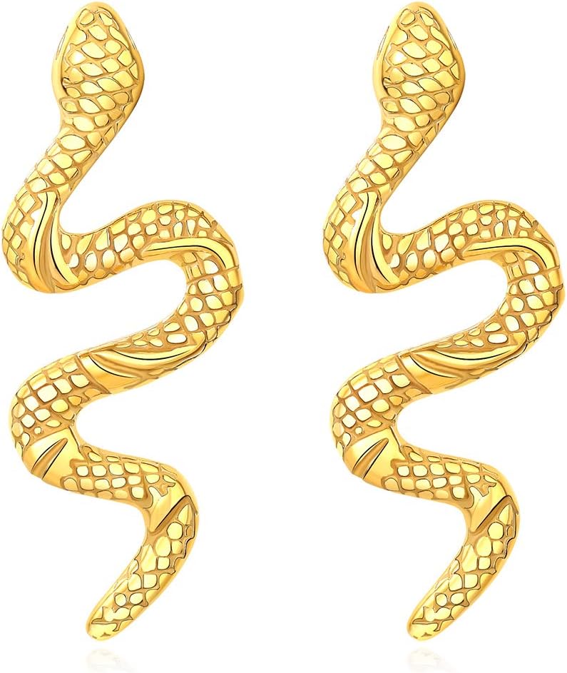 Snake Earrings Ring Bracelet Necklace for Women Halloween Jewelry 18K Gold Plated Stainless Steel Gold Snake Stud Earrings Pendant for Women