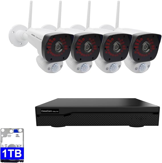 CasaCam VS2004 8-CH Wireless NVR | 4 1296p (2K) Full HD Cameras | Indoor-Outdoor, Dual PIR and VMD Sensors, AC Powered, Free APP, 1TB HDD Installed