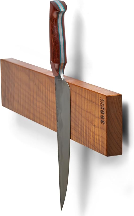 360KnifeBlock BAR - 4x18 Guitar Wood wall mount knife BAR - verticle hang magnetic knive bar, two rows of magnets, solid wood, handmade in washington - 18" wood