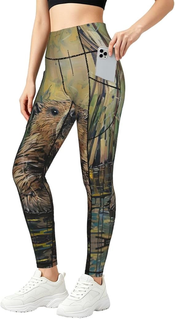 Beaver Print Leggings with Pockets for Women,Gym Clothes,Fitness Clothing,Compression Leggings