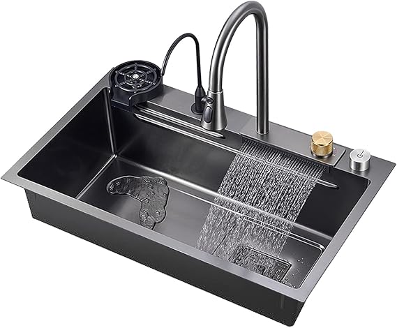 Modern Black Kitchen Sink New 304 Stainless Steel Nano Raindance Waterfall Sink, Utility Sink, Single Bowl Kitchen Vegetable Sinks, Workstation Ledge with Glass Cup Bottle Washer for Laundry