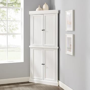 Maykoosh Tall Corner Pantry Cabinet - Modern Kitchen Storage, 2 Stackable Pantries, White, Space Saving