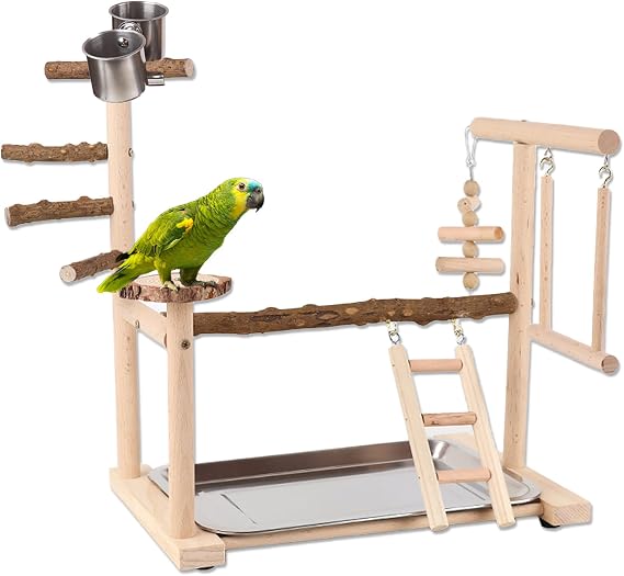 Bird Play Stand - Wooden Parrot Stand Bird Playground with Climbing Ladder, Swing, Training Stand Pole, Feeder Cup, Tray and Exercise Gym Toys for Small to Medium Birds