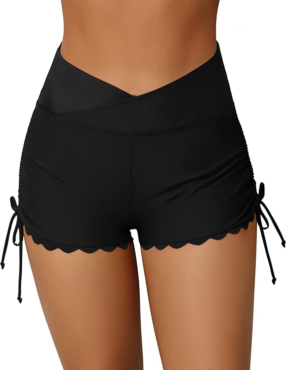 ATTRACO Women Swim Shorts High Waisted Swimsuit Shorts Scalloped Tie Side