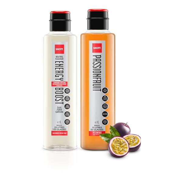 Shott beverage Energy Boost, Passionfruit coffee Syrup - Perfect syrup for Cocktails, 33.81 Ounces Desserts, Drinks, and Culinary Creations!" natural passionfruit, Energy Boost flavor syrup