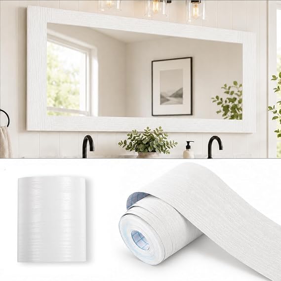 Alened 10M White Mirror Border Peel and Stick, Wood Grain Wallpaper Border | Self Adhesive Bathroom Mirror Frame Tape Trim, Waterproof Mirror Edge Decor Sticker, Removable Molding for Kitchen 2"x393"