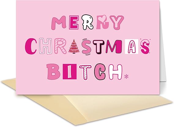 Rude Pink Christmas Card for Adult, Best Friend Xmas Card, Merry Christmas Bitch Gift Idea, Snarky Winter Holiday Card for Friend