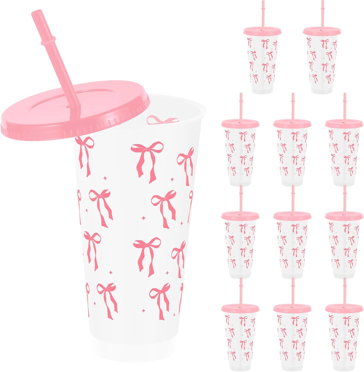 12 Pcs Plastic Bow Cups with Lids and Straws,24 oz Tumbler Cup for Iced Coffee Tea and Smoothie,Reusable Drinking Cups for Birthday Wedding Baby Shower Bridal Party(Pink Transparent)