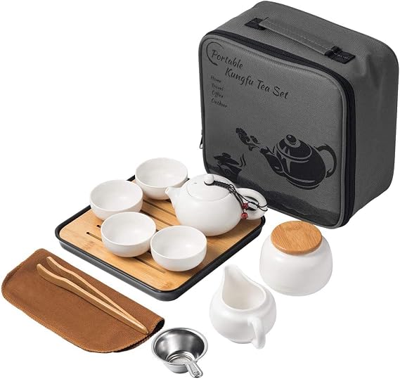 Chinese Tea Pot Cup Set with Tray Infuser - Travel Ceramic Tea set Porcelain Teapot, Portable All in One Bag for Outdoor Picnic Business Hotel (White)
