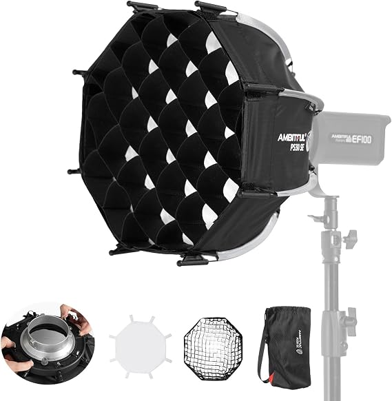 AMBITFUL 11.8"/30cm Mini Softbox Quick Release & Fold Soft Box Bowens Mount with Speedlight Bracket,Compatible with COB LED Video Light with Diffusers/Honeycomb Grid/Bag (PS 30 SE)