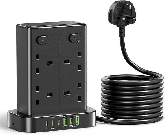 toomke Tower Extension Lead 3M with USB C Slot, Multi Plug Extension Socket