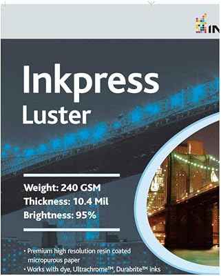 Inkpress Luster Premium Single Sided Bright Resin Coated Photograde Inkjet Paper, 10.4mil., 240gsm., 8.5x11, 50 Sheets