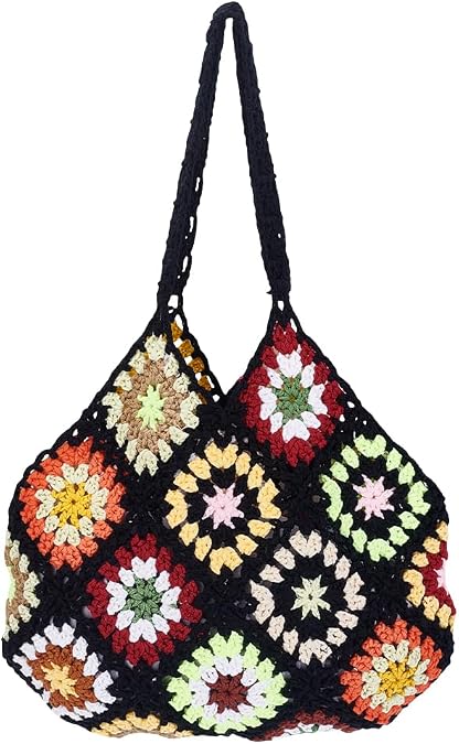 Crochet Beach Bags for Women Boho Knitted Tote Bag Soft Woven Purses Granny Square Shoulder Bag for Summer Vacation Women Knit Beach Bag