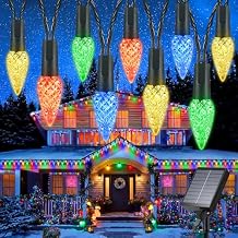 iBaycon Solar C6 Christmas Lights Outdoor, 48FT 100LED C6 Strawberry String Light, 8 Modes Solar Powered Lights String for Xmas Tree House Eaves Roof Christmas Holiday Decorations