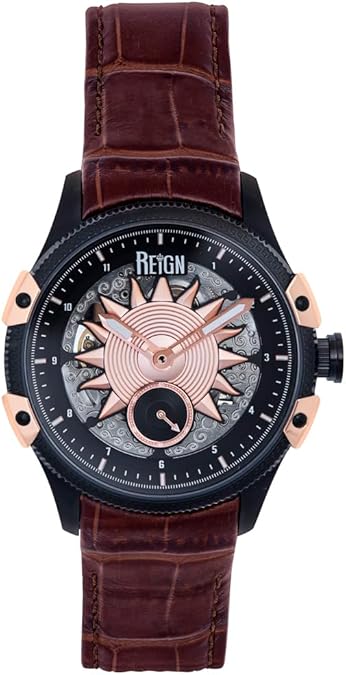 REIGN Solstice Automatic Semi-Skeleton Watch - Dark Brown/Rose Gold