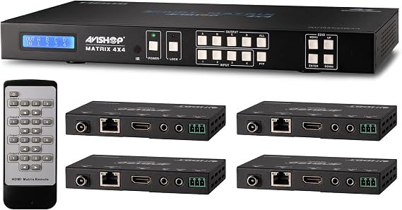 4x8 4x4 4KHDBaseT HDMI Matrix Switcher w/ 4 PoC HDBasT Receivers (CAT5e or CAT6). HDCP2.2 HDTV Routing Selector SPDIF Audio Control 4 Savant Home Automation with Bi-Directional IR (Matrix+4RX)