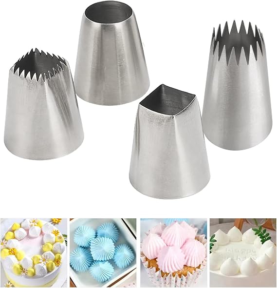 4Pcs X-Large Piping Tips Set, Stainless Steel Square Round Frosting Tips | Cake Decorating Tips for Cupcakes Pastry Fondant Cakes Decorating