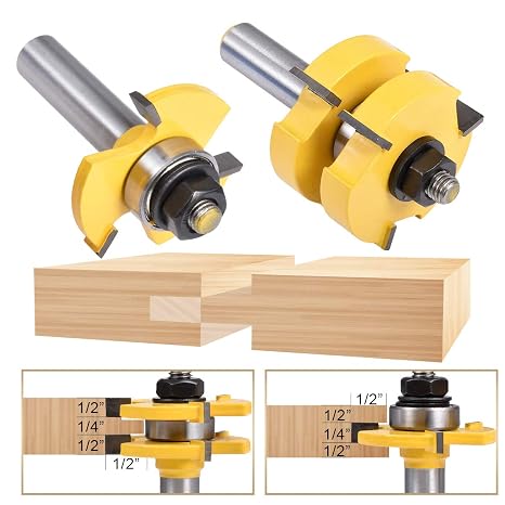 2pcs/ Set Tongue Groove Router Bit Set 1/2" Teeth width 1/2" Shank 3 Teeth T-shape Wood Milling Cutter Flooring Wood Working Tools