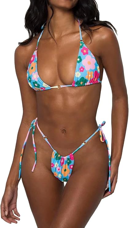 LUNNTE Damen Bikini Set Sexy Tanga String Bikini Badeanzüg Zweiteiliger Triangel mit Ring Badebekleidun Verstellbare Bademode Unterteil Seitlicher Schnürung
