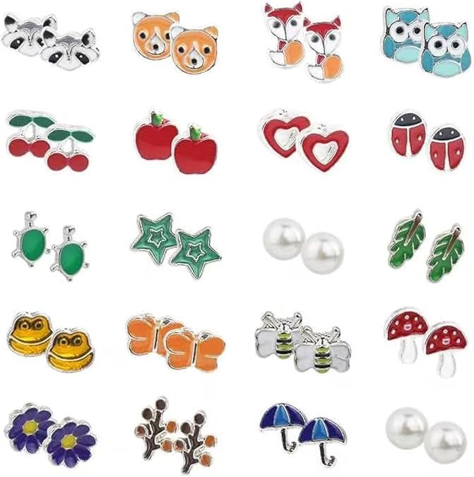HOVEOX 20 Pairs Stud Earrings Stainless Steel Mixed Color Cute Animals Fruit Mushroom Cherry Pearl Fox Bear Butterfly Bee Owl Flower Star Heart Stud Earrings Set for Women